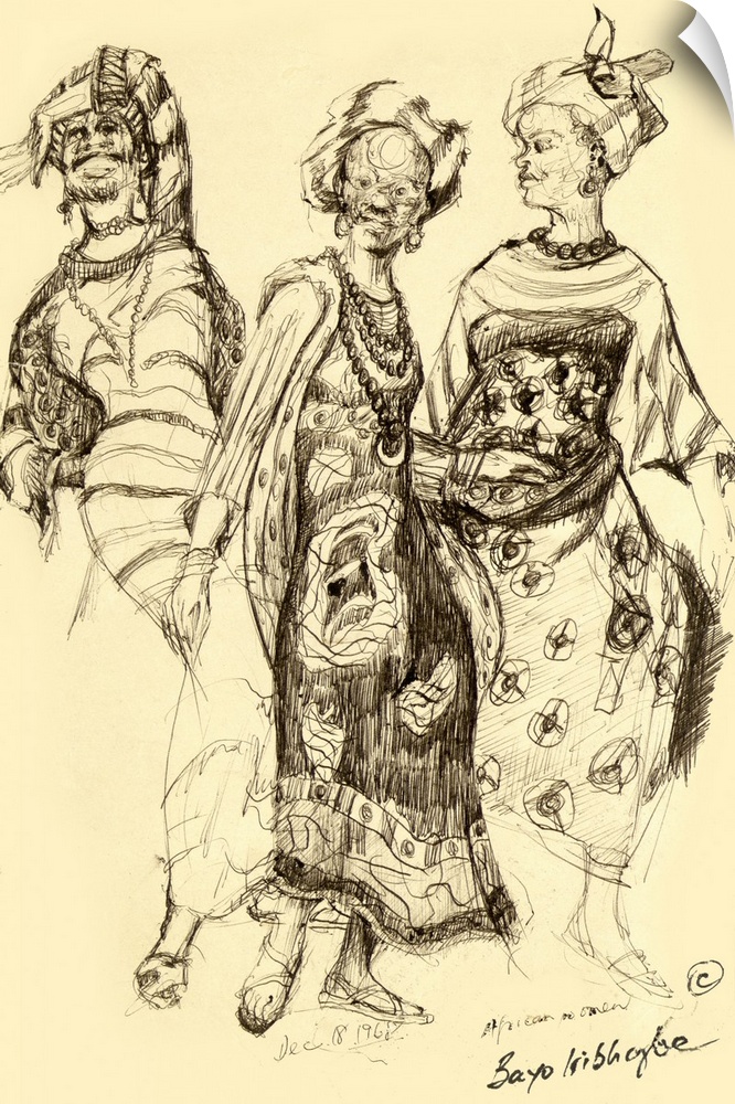 Graphite illustration of three ladies in traditional African garb, including beaded jewelry and patterned dresses.