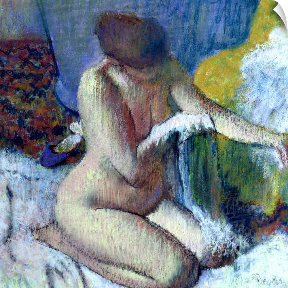 Square pastel drawing on canvas of a woman bathing herself.