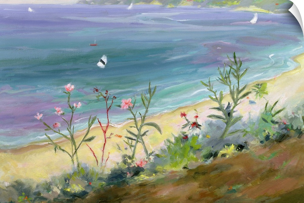 A landscape painting of wildflowers growing along the Grecian shore of a pastel colored sea.
