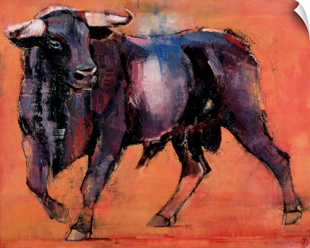 Contemporary oil painting of a bull, head turned, with dark coat and large horns on a rusty orange background.