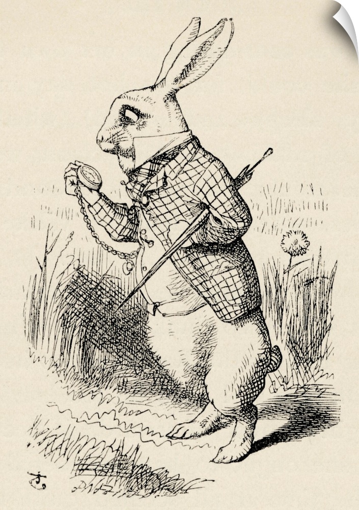 Alice in Wonderland-the White Rabbit looks at his pocket watch, from the book by Lewis Carroll (Charles Lutwidge Dodgson),...