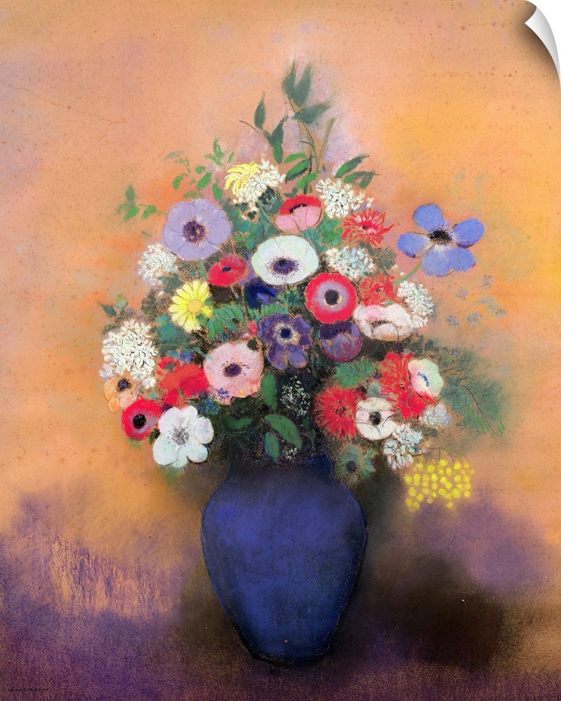 XIR71346 Anemones and lilac in a Blue Vase, after 1912 (pastel)  by Redon, Odilon (1840-1916); pastel on paper; 73.8x59.7 ...
