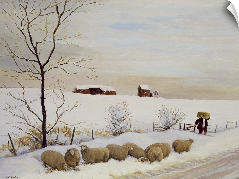 Contemporary painting of flock of sheep outside in the winter.