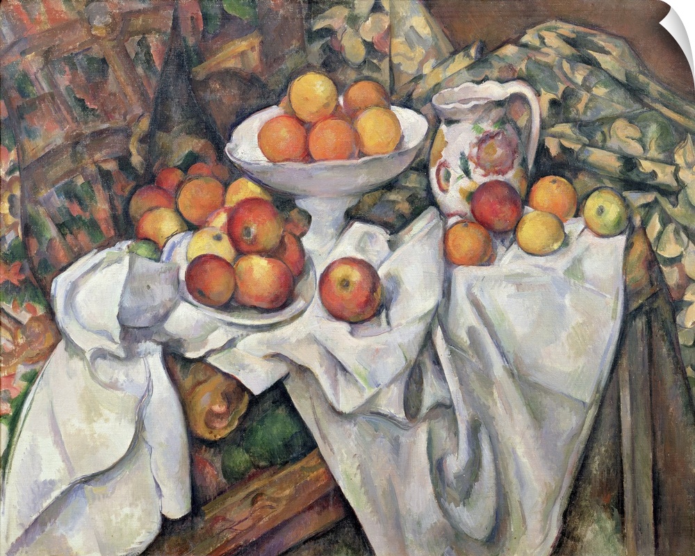 Large still life painting with fruit placed in bowls and on a table with a lot of fabric draped over.