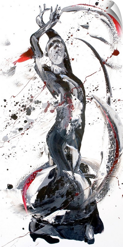Contemporary painting using black and gray colors to create a woman dancing against a white background.
