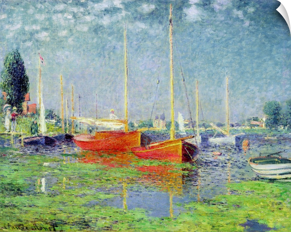 Oversized, horizontal, classic painting of numerous boats floating in calm waters of blue and green, beneath a sky with sm...