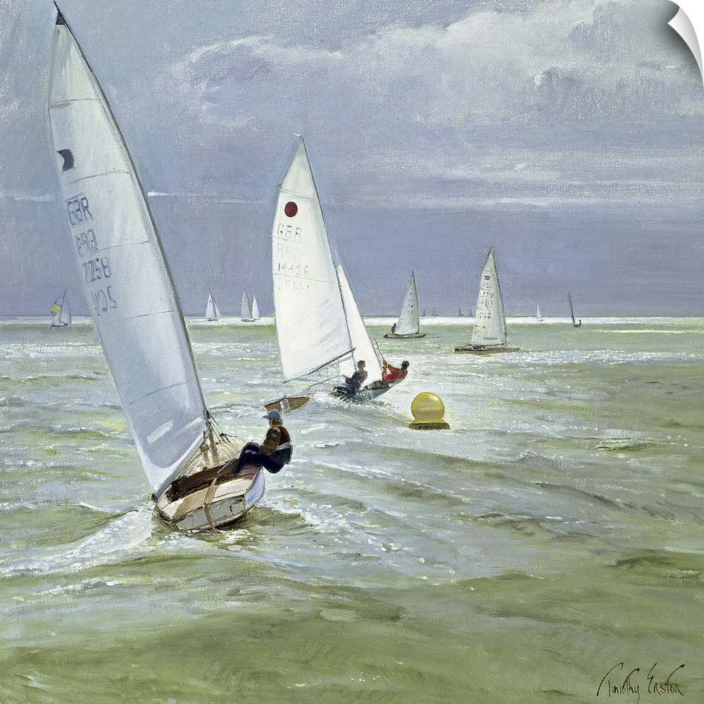 An oil on canvas with several sail boats in the water with those closest to the foreground being sailed by boys.
