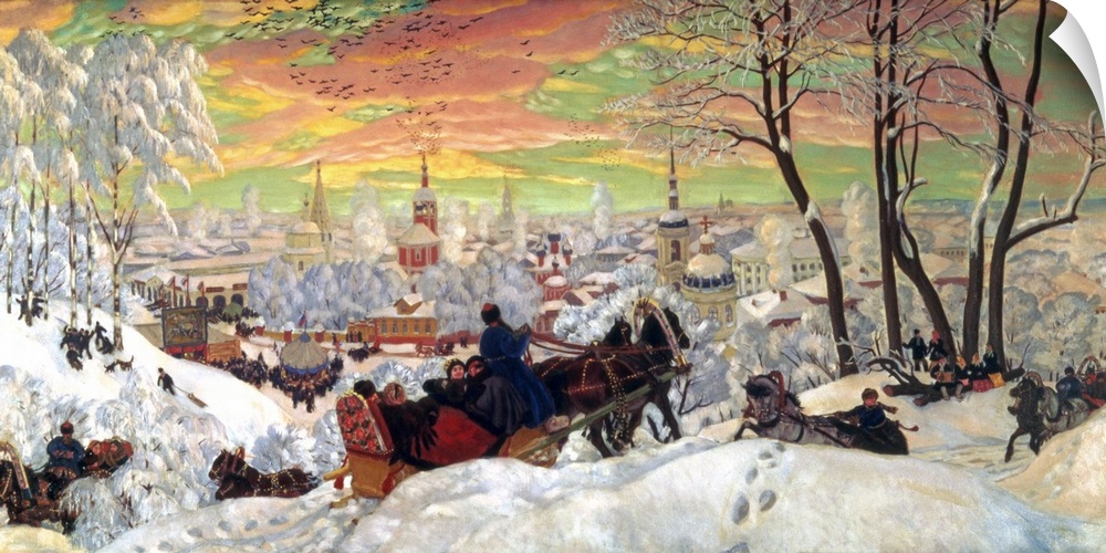 BAL56488 Arriving for Shrove-tide, 1916 (oil on canvas); by Kustodiev, Boris Mihajlovic (1878-1927); 61x123 cm; Tretyakov ...
