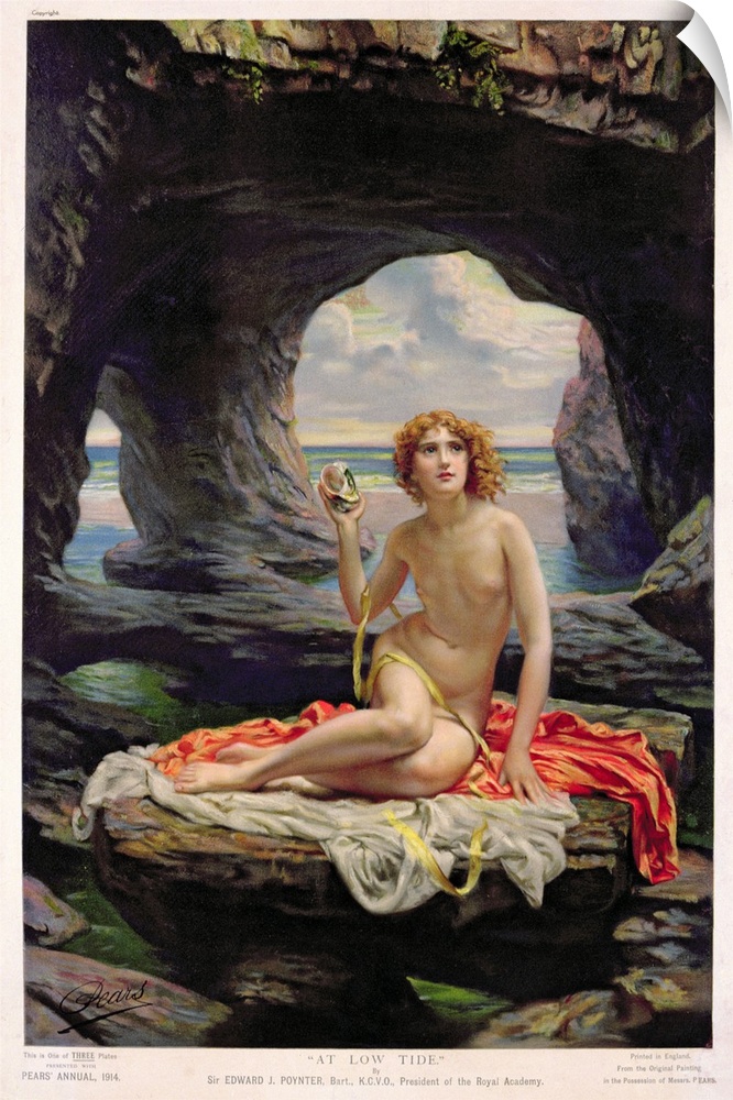A nude woman sits on a large flat rock inside a cave with fabric draped underneath her while holding an object in one of h...