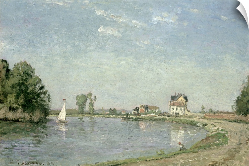 Oil painting of a river with a small boat it in and houses in the distance.