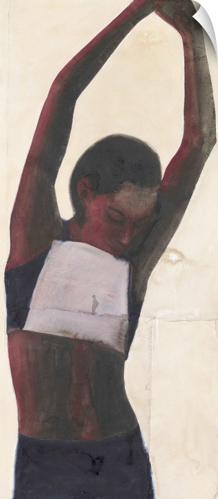 Contemporary watercolor painting of an athlete stretching her arms up into the air.