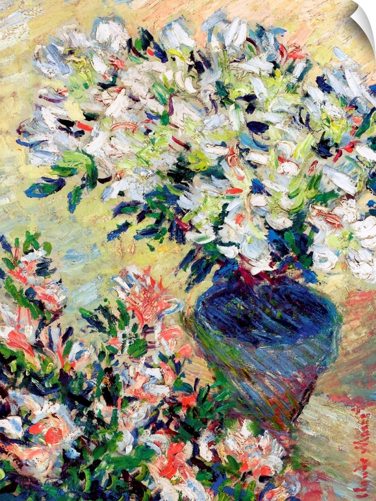 A vertical painting created with diagonal brush strokes and movement of flower blossoms in a ceramic planter by an Impress...