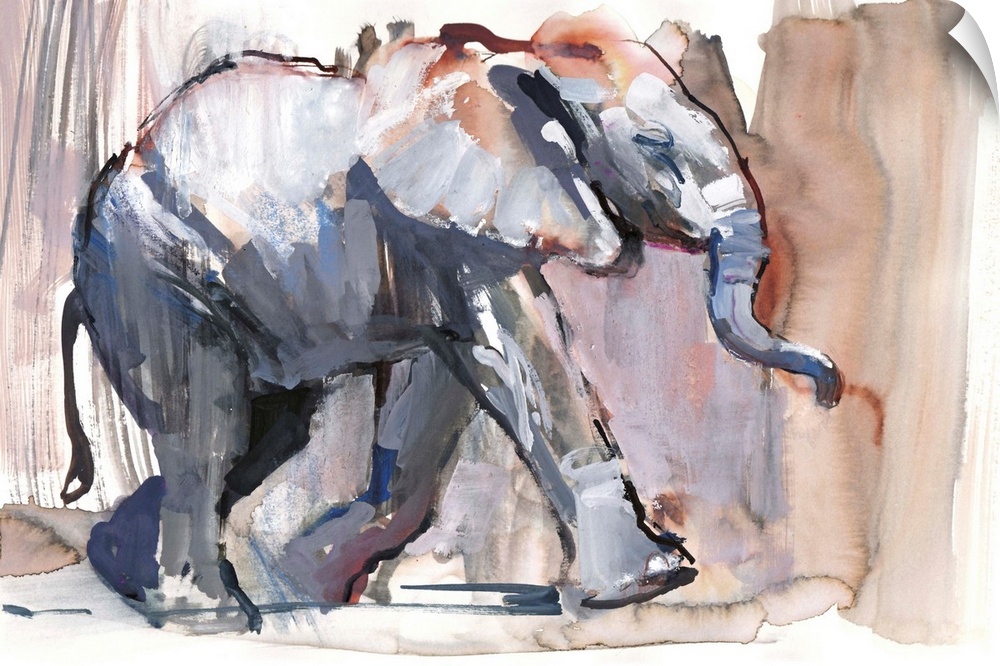 Contemporary watercolor painting of an elephant against an earthy background.