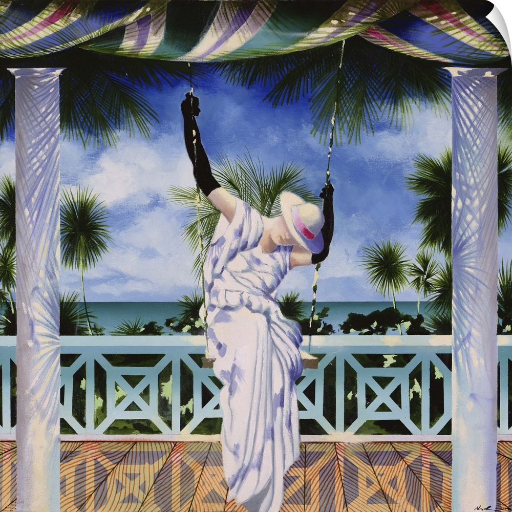 Contemporary painting of a a woman on a swing in a tropical beach.