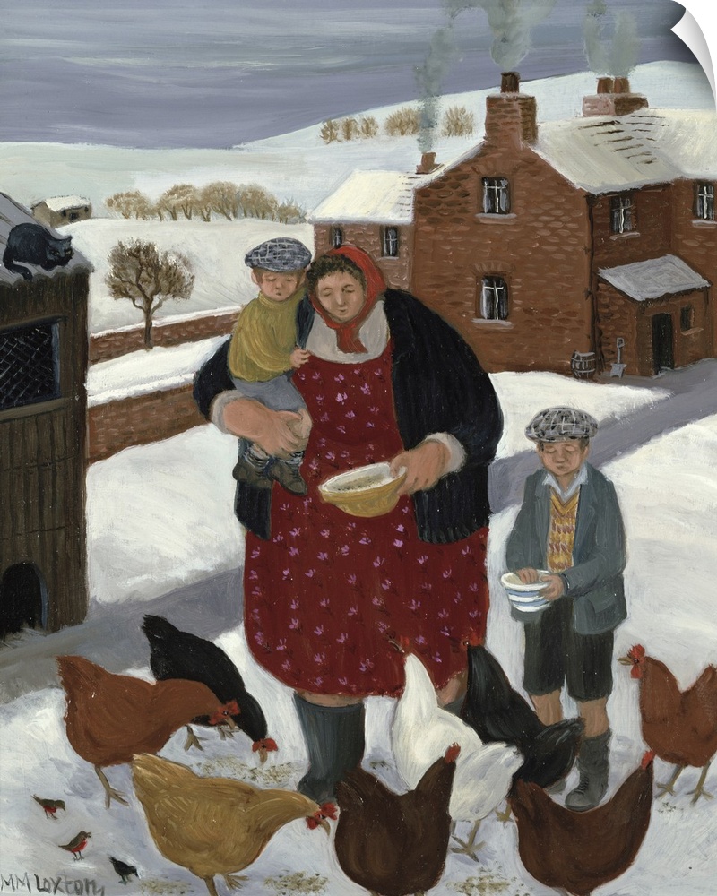 Contemporary painting of a woman and two boys feeding chickens in the winter.
