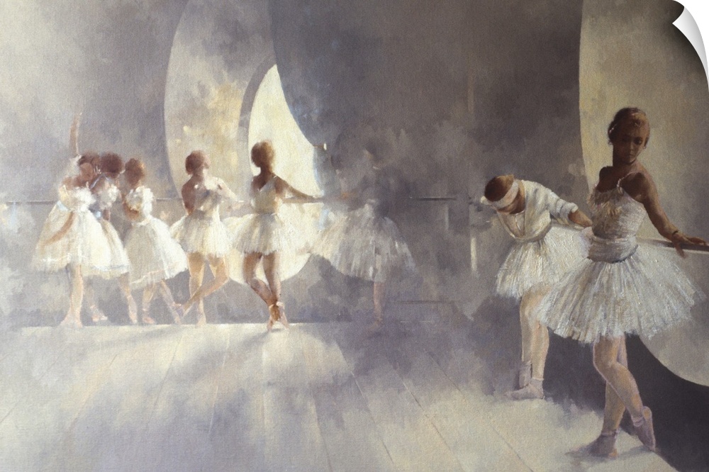 Oil painting of ballerinas holding onto barre and warming up.