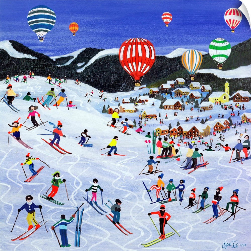 Contemporary painting of people skiing down a hill with hot air balloons in the sky.