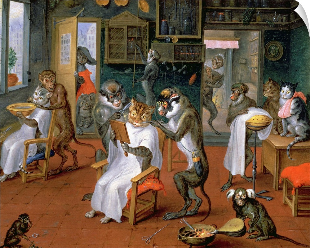 XAM70743 Barber's shop with Monkeys and Cats (oil on copper)  by Teniers, Abraham (1629-70); 24x31 cm; Kunsthistorisches M...