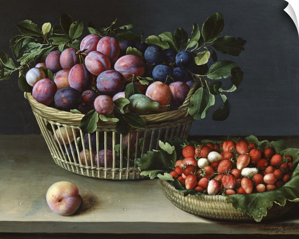 XIR26260 Basket of Plums and Basket of Strawberries, 1632 (oil on panel)  by Moillon, Louise (1610-96); 44x58 cm; Musee de...