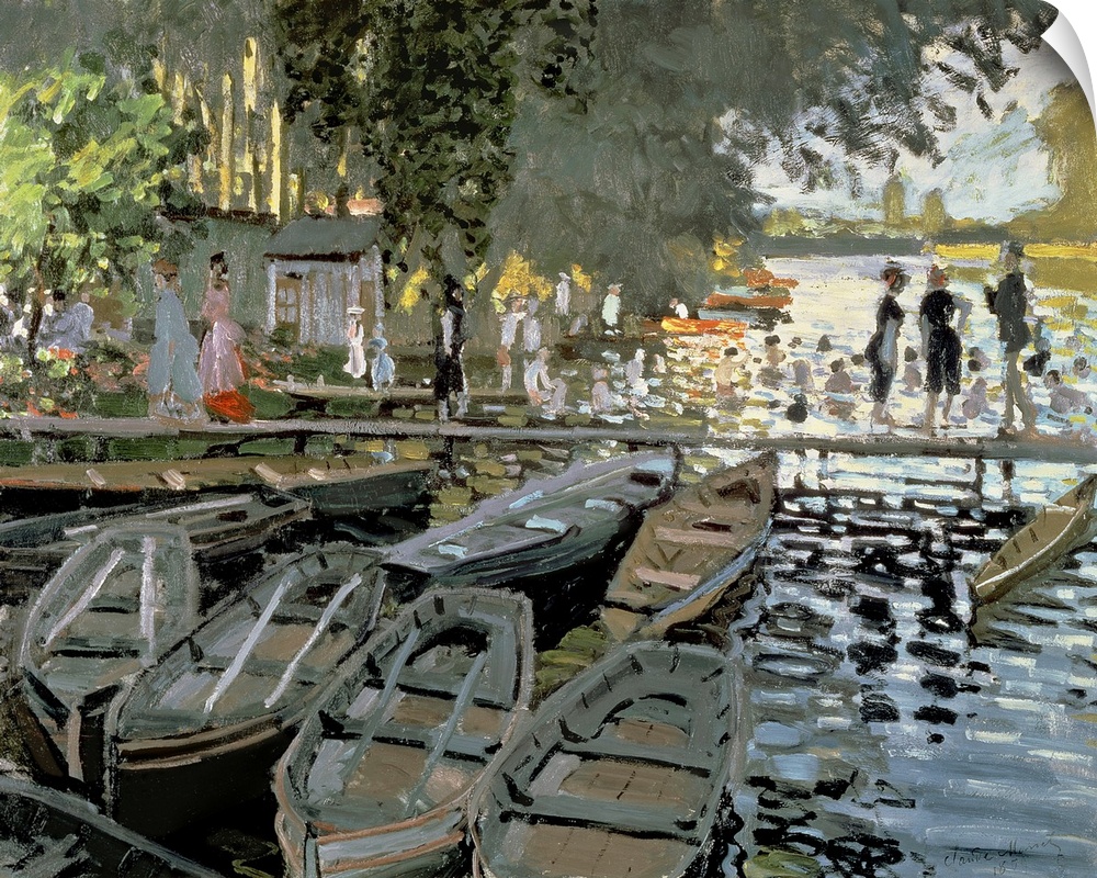 Oil painting of row boats lined along a shore with people walking across a dock and also swimming in the water.