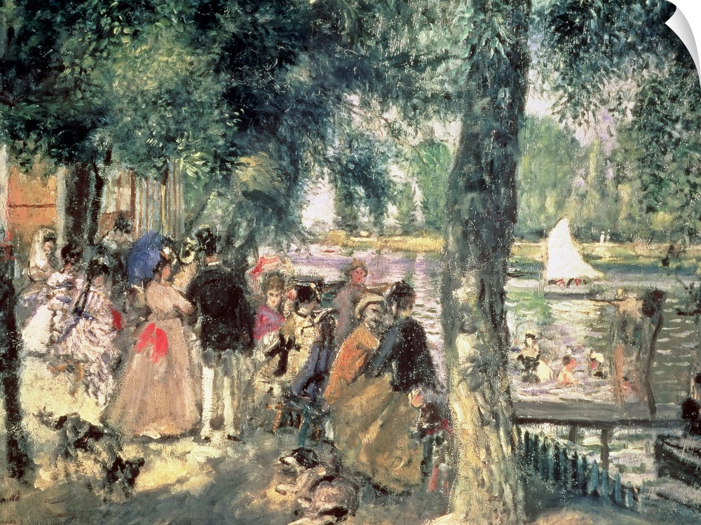 Classical oil painting on canvas of people standing and bathing in a river.
