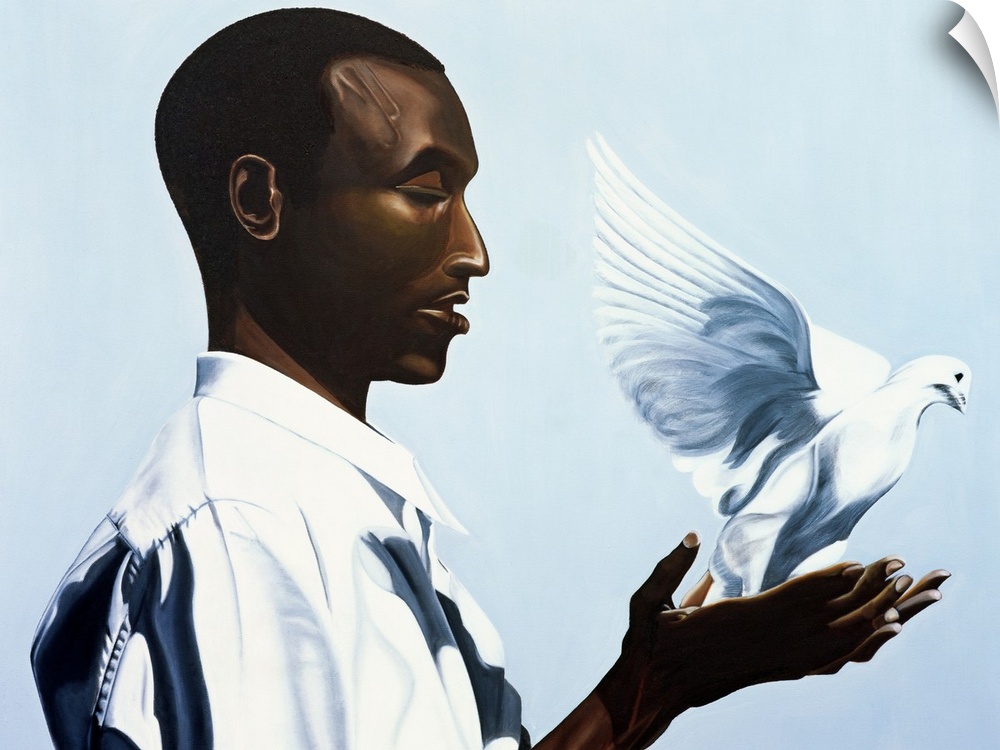Large oil painting of a man holding a dove that is flying away.