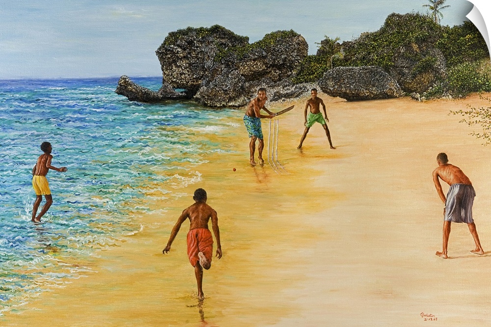Painting of a group of boys playing a game on a sandy beach in the Caribbean, with coastal rocks and palm trees in the bac...