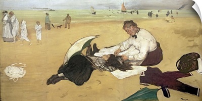 Beach scene: little girl having her hair combed by her nanny, c.1876 77