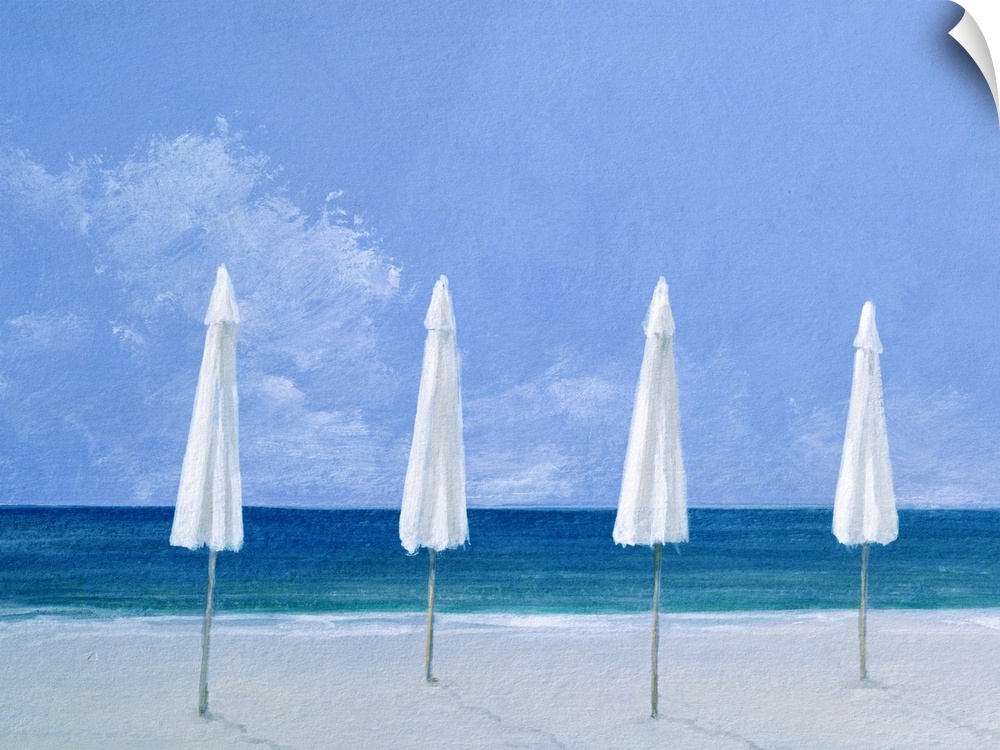This wall art is a contemporary and photorealistic painting of four closed umbrellas in a row on a sandy beach looking out...