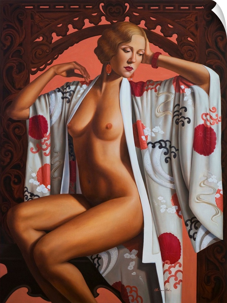 Contemporary painting of a nude woman wearing a patterned robe.