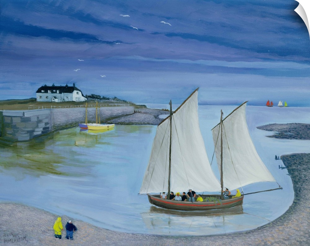 Contemporary painting of a boat with large sails approaching the shore.