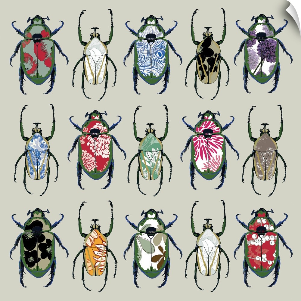 Contemporary illustration of a pattern made of beetles with different patterns on their backs.