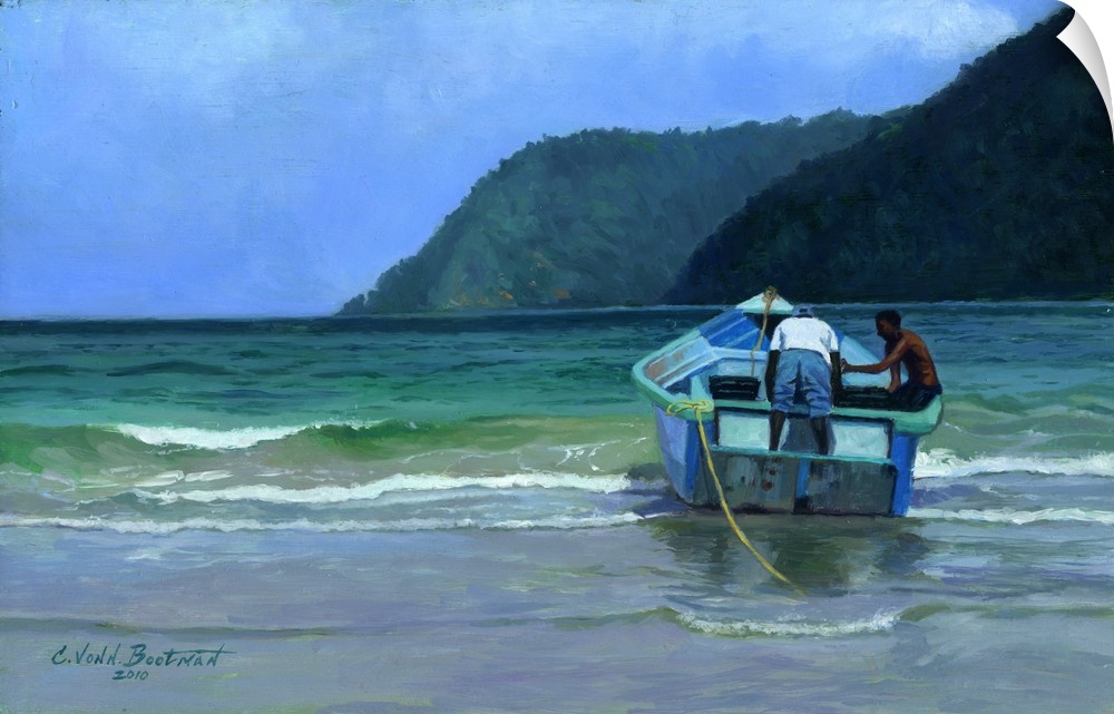 Contemporary painting of people on a boat on the ocean shore.