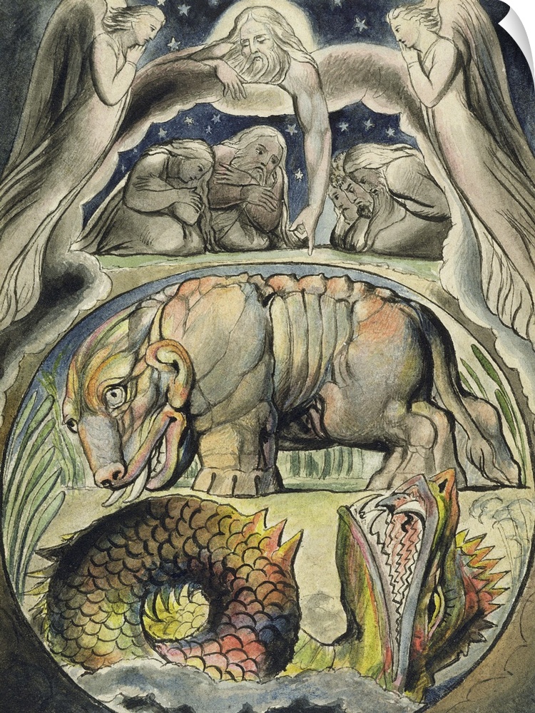 Behemoth and Leviathan, after William Blake (1757-1827). Pen, ink and watercolor on paper by John Linnell (1792-1882).