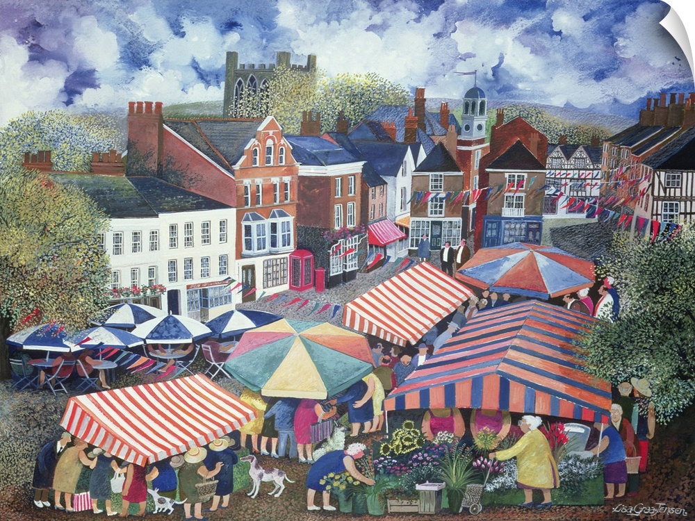 Contemporary painting of several colorful tents at an outdoor market.
