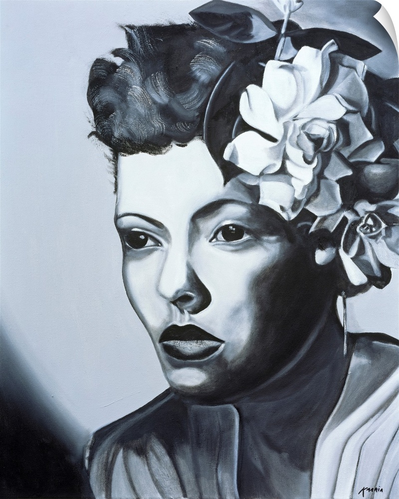 Big contemporary art depicts a monochromatic portrait of a famous African-American jazz singer and songwriter with a group...