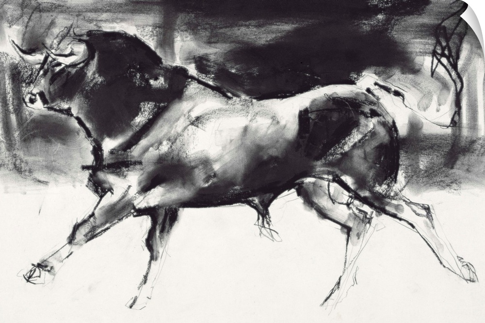 Contemporary painting of a large bull running.