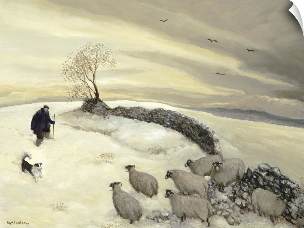 Contemporary painting of shepherds working outside in the winter.
