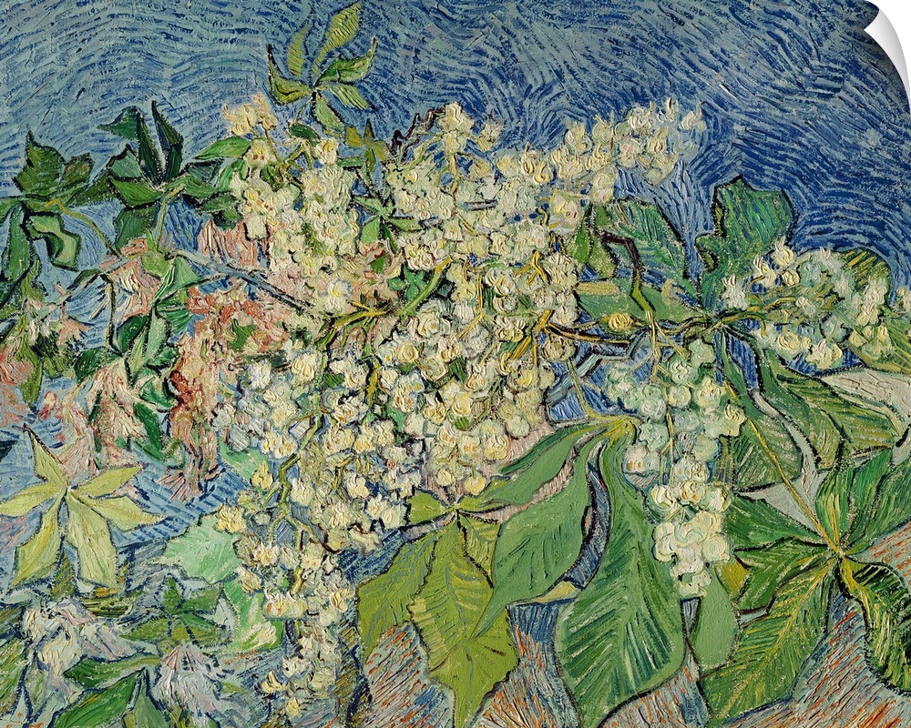 This large artwork piece is of small white flowers and different shaped green leaves with various painting techniques.