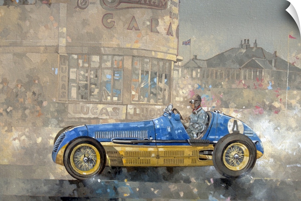 Contemporary oil painting of a race car driver in a vintage Maserati against a softened background.
