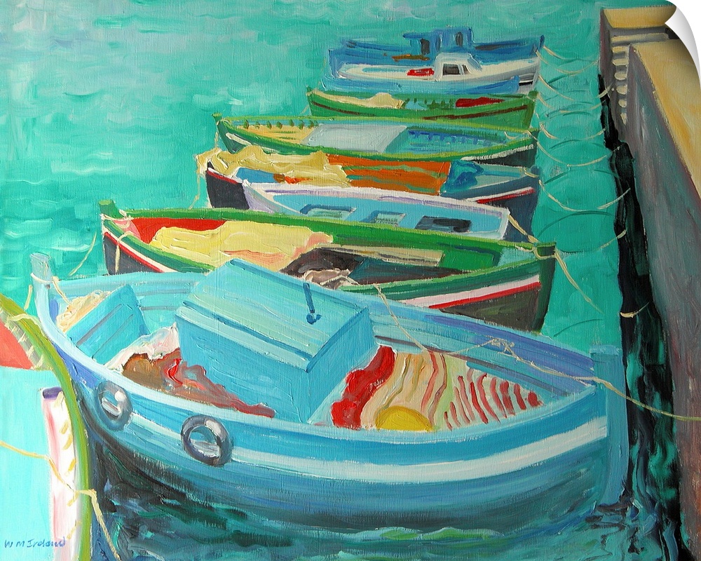Large contemporary art focuses on a set of multicolored rowboats sitting docked in a harbor while the gentle ripples of th...
