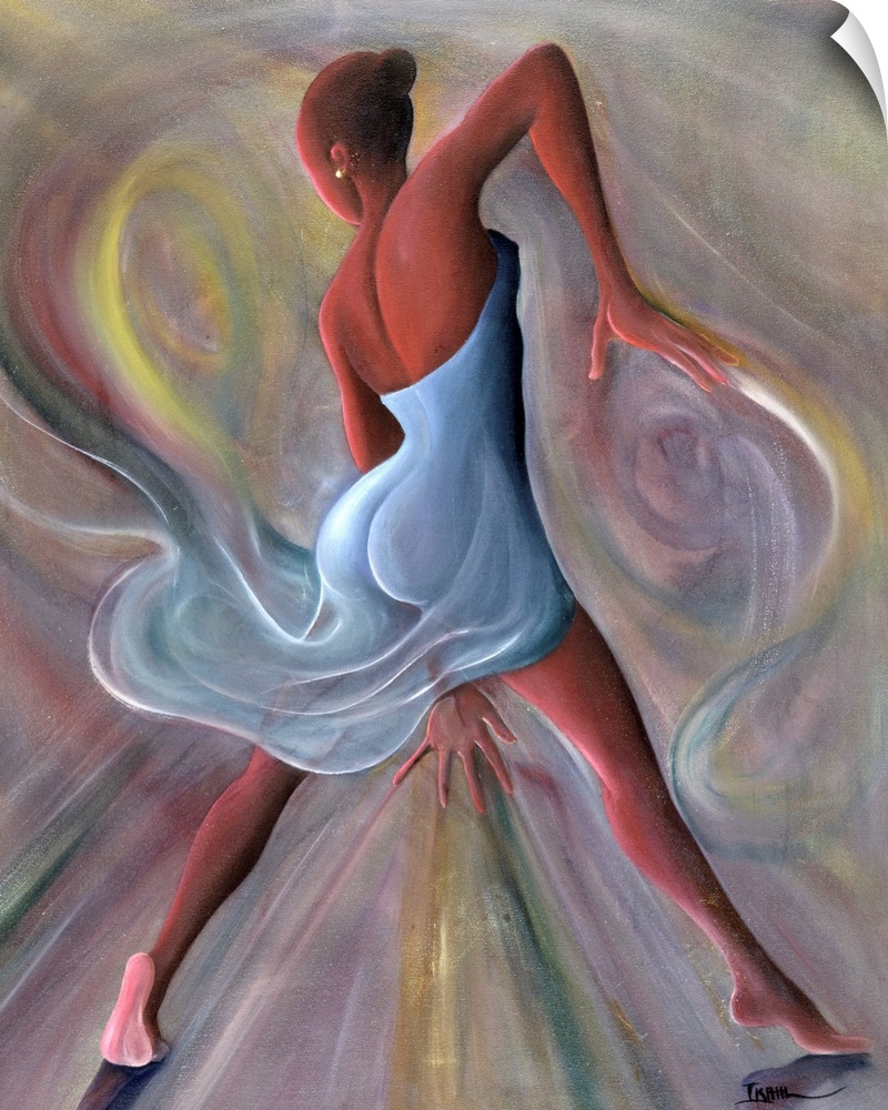 Giclee print of an oil painting of an African-American woman dancing and surrounded by swirls of color.