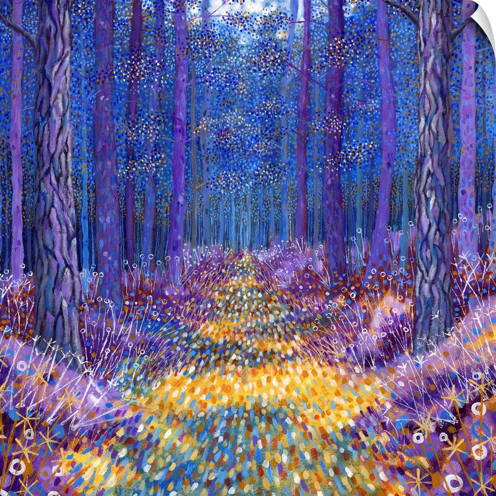 Contemporary painting of a forest scene with everything in colorful and ornate designs.