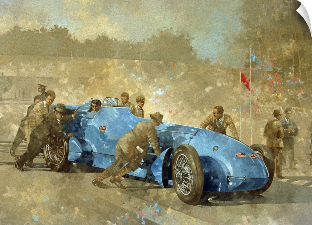 Decorative wall art for a petrolhead this horizontal painting shows a scene with an early race car in the 20s being pushed...