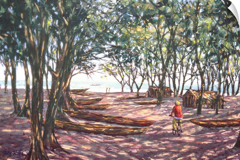 Contemporary painting of a person on a bicycle near canoes in the shade.