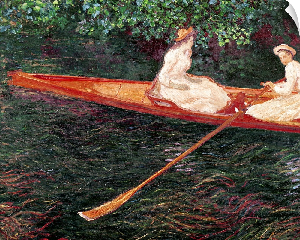 Classic painting of two woman sitting in a row boat on a river.