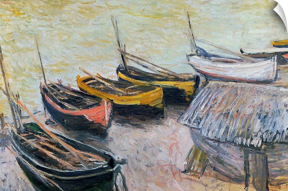 Landscape, large classic painting of a line of small row boats sitting on the beach, near the waters edge, a small hut in ...