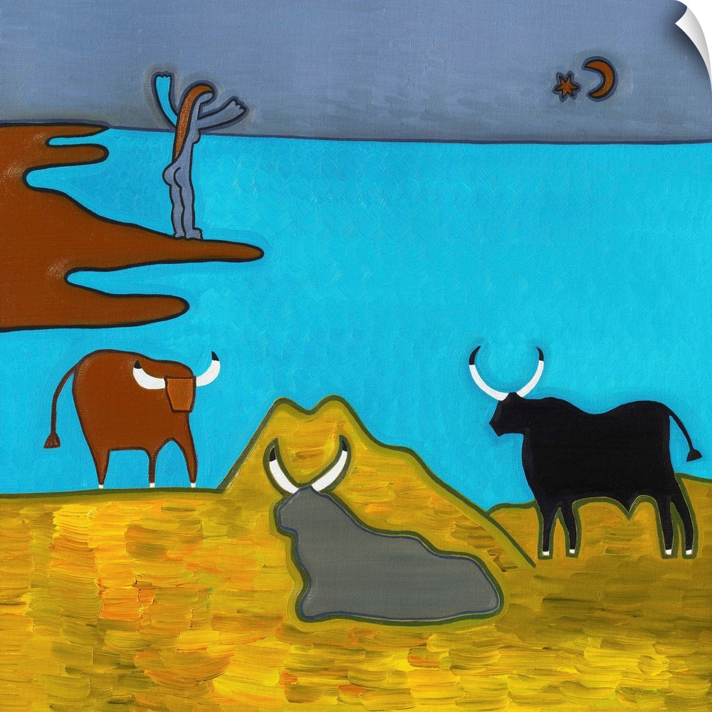 Contemporary painting of three bulls on the shore.