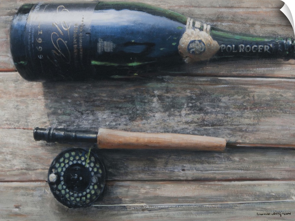 Contemporary painting of a wine bottle and the handle of a fishing rod.