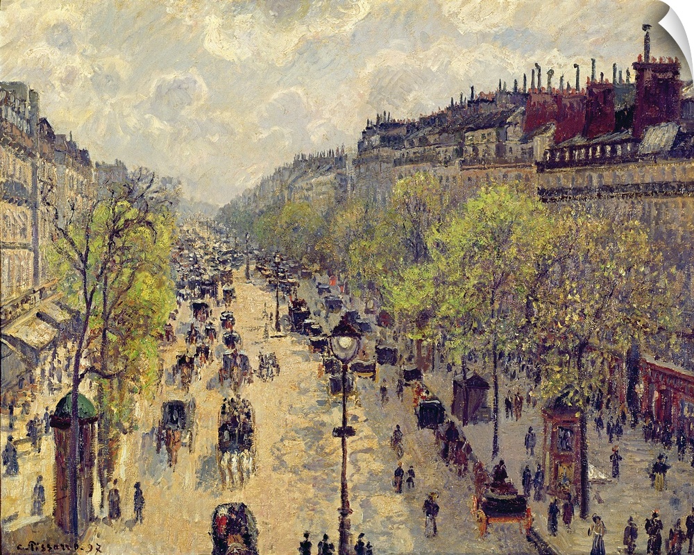 Painting of busy street filled with pedestrians and horse carriages.  The street is lined with storefronts under a cloudy ...